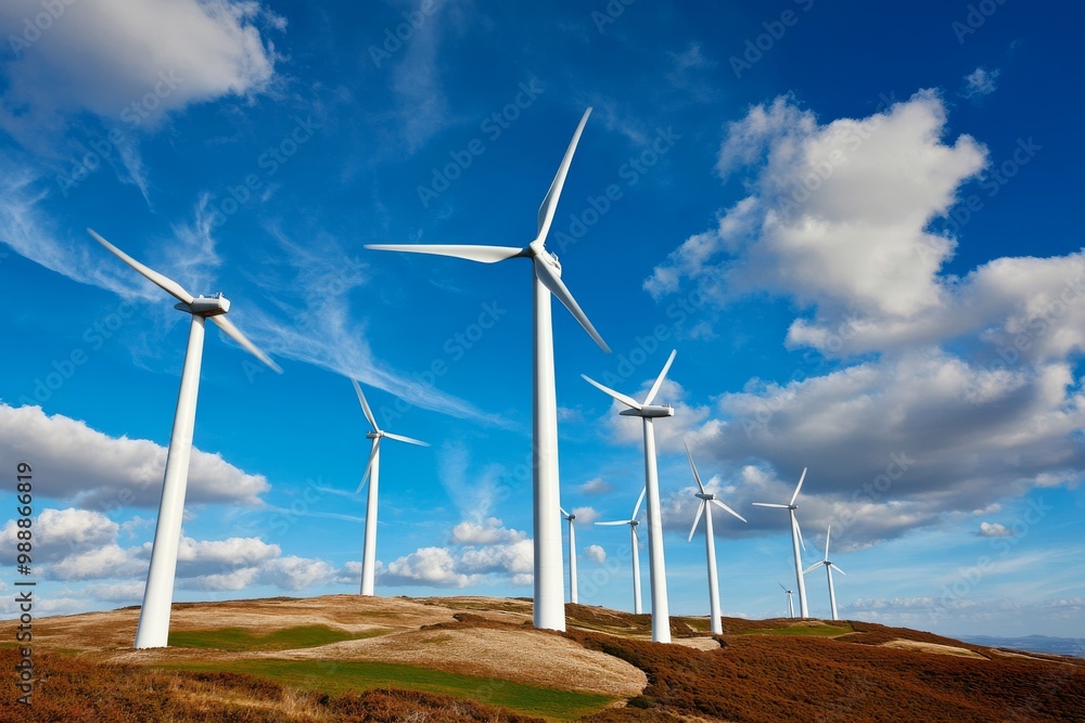 Wind Turbines on a Hilltop Against a Blue Sky