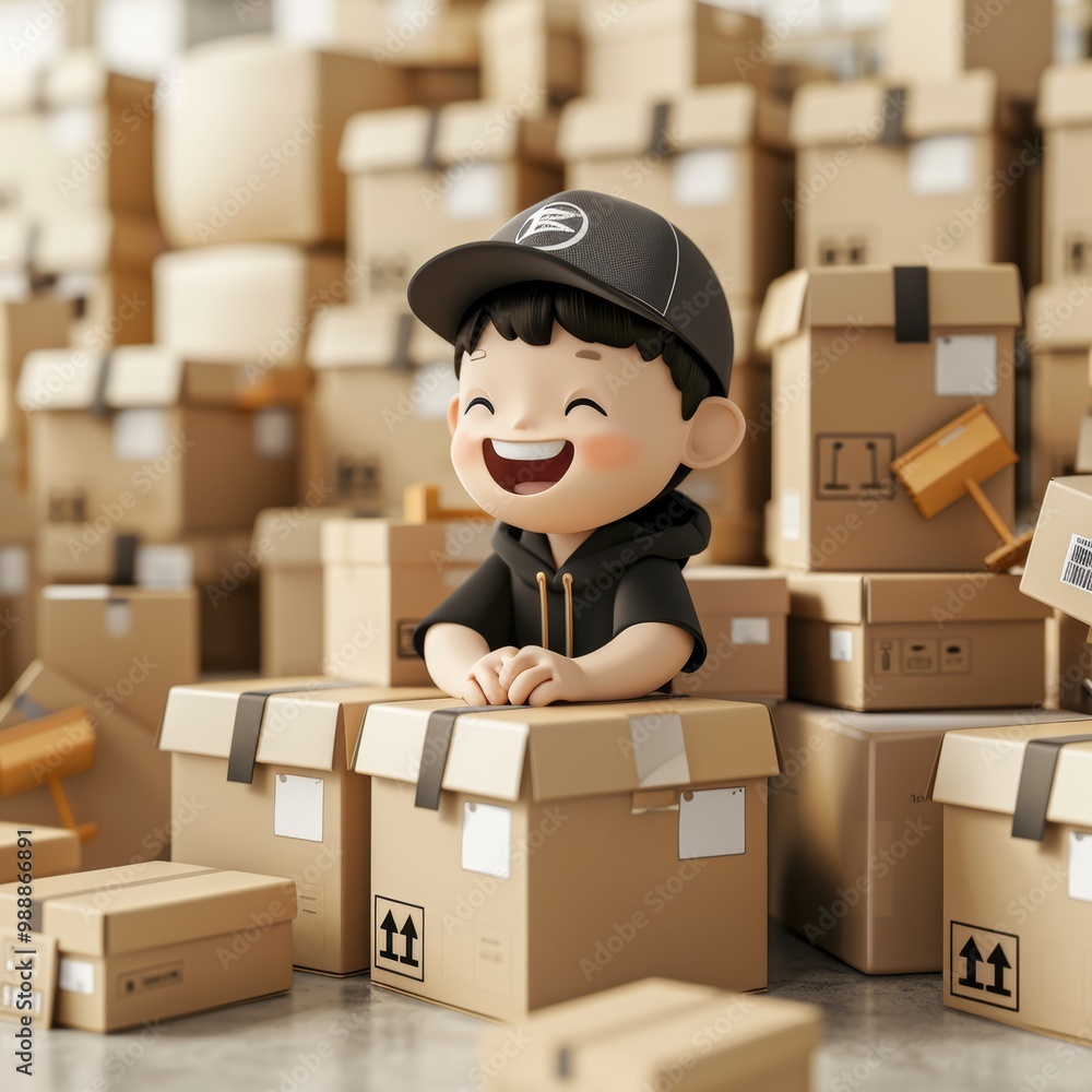 Fototapeta premium Cheerful Delivery Worker Surrounded by Cardboard Boxes in a Warehouse Setting, Smiling and Enjoying the Work Environment