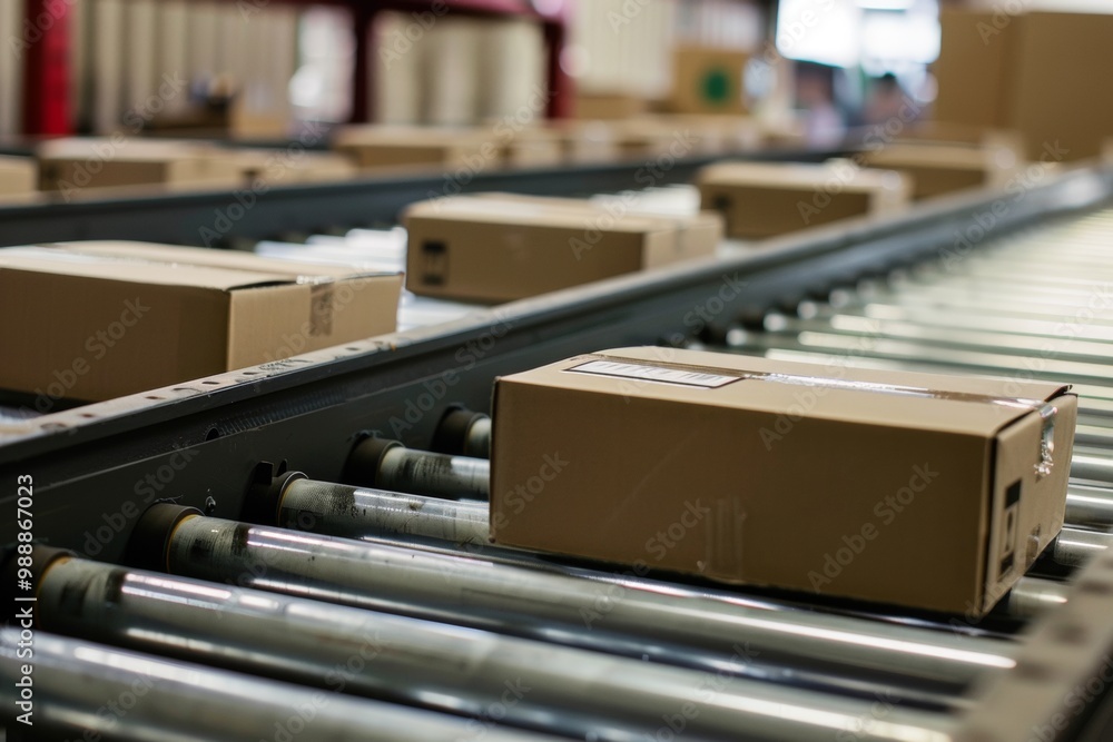 Cardboard boxes on conveyor rollers ready to be shipped by courier for distribution