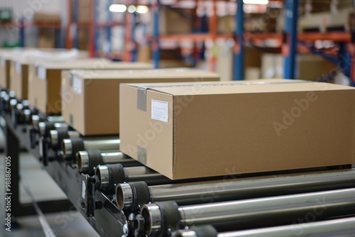 Cardboard boxes on conveyor rollers ready to be shipped by courier for distribution