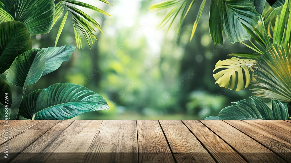 product showcase on a wood table top stand with a tropical nature concept, featuring a dreamy blurred background of tropical leaves for a natural and fresh aesthetic product showcase on a wood table top stand with a tropical nature concept, featuring a dreamy blurred background of tropical leaves for a natural and fresh aesthetic
