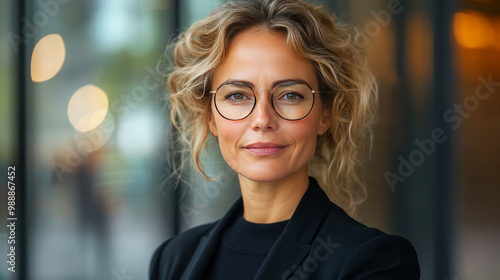 A confident, professional woman with curly hair and glasses poses in a modern setting, exuding poise and sophistication.