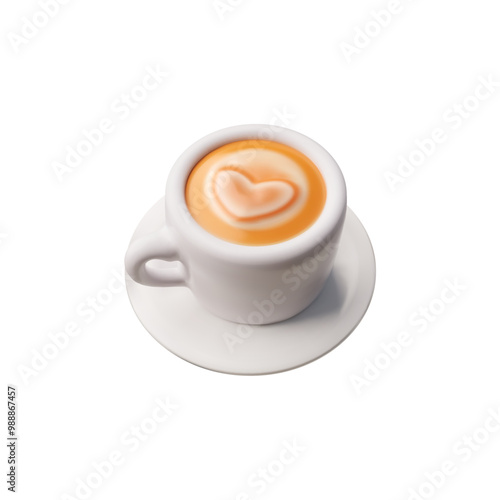 Cup with coffee on a saucer 3D cartoon vector icon, realistic cappuccino with heart shape milk foam, latte drink cream