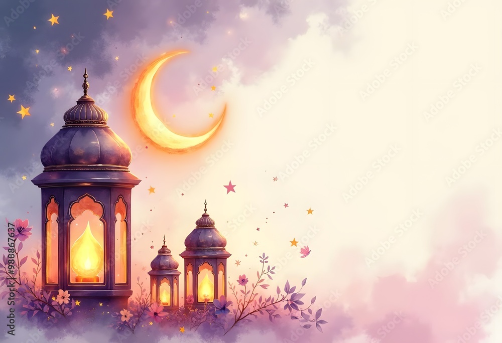 Fototapeta premium Ramadan kareem greetings design moon with lantern. Eid mubarak. islamic greeting card. Lanterns style with golden moon on purple background. Vector illustration 