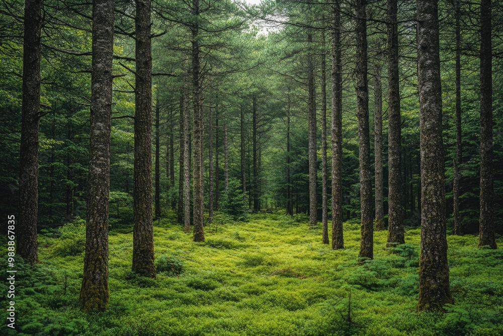 Obraz premium Enchanted Wilderness: Exploring the Majestic Tall Green Trees of a Thick Forest