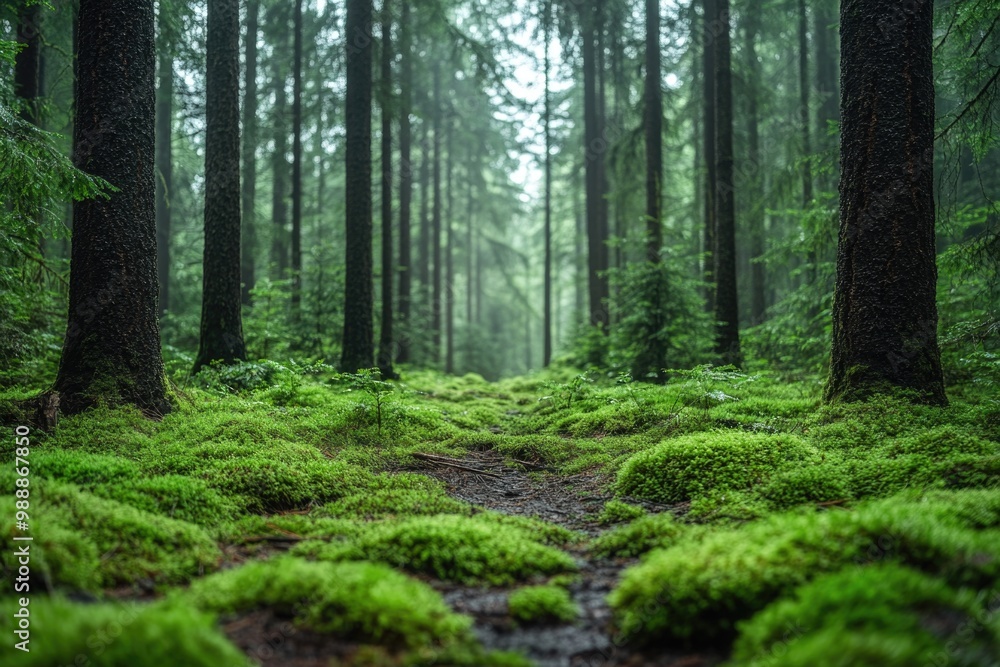 Fototapeta premium Enchanted Wilderness: Exploring the Majestic Tall Green Trees of a Thick Forest