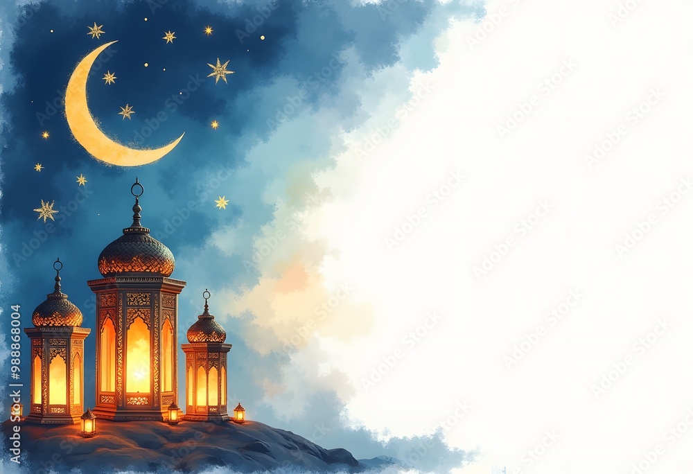 Ramadan kareem greetings design moon with lantern. Eid mubarak. islamic greeting card. Lanterns style with golden moon on purple background. Vector illustration
Ramadan kareem greetings design moon with lantern. Eid mubarak. islamic greeting card. Lanterns style with golden moon on purple background. Vector illustration