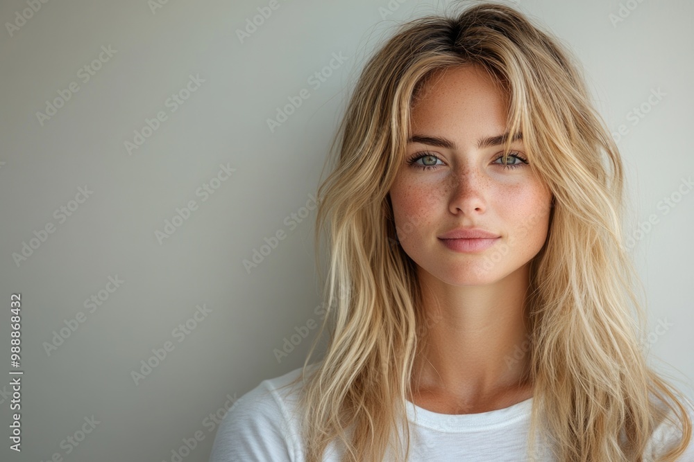 Captivating Portrait: A Woman with Blonde Hair and Neutral Expression Against a White Background