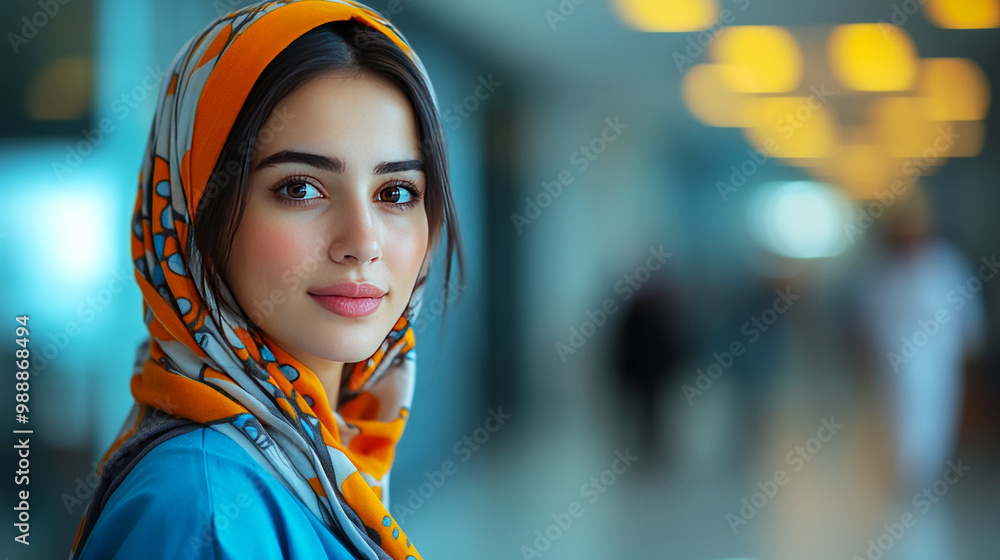 A young woman in a colorful scarf looks confidently into the camera, set against a softly blurred background with warm lights. A young woman in a colorful scarf looks confidently into the camera, set against a softly blurred background with warm lights.