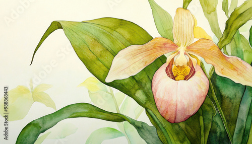 A delicate pink Lady's slipper orchid with green leaves in a soft, tranquil setting. photo