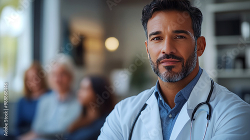 A confident doctor in a white coat lends an attentive ear to patients in a modern waiting room, illustrating care and professionalism.