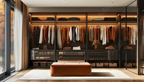 Cozy Contemporary Closet Highlighting Autumn Wardrobe in Warm Earth Tones and Textures