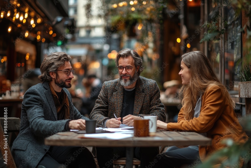 Strategic Conversations: Three Partners Collaborate Over Coffee at a Cozy Cafe Terrace Strategic Conversations: Three Partners Collaborate Over Coffee at a Cozy Cafe Terrace