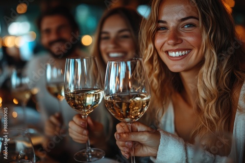 Cheers to Friendship: Three Joyful Friends Toasting with White Wine in Celebration