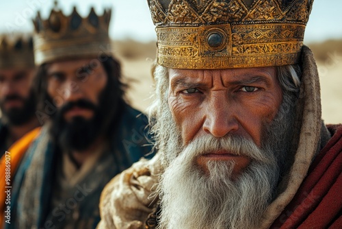 Three Kings in the Desert: The Wise Elder with a Golden Crown and His Loyal Companions