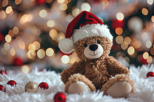 Wallpaper Mural Cute fluffy toy bear wearing a Santa Claus hat. 
Christmas decor, lights and bokeh. New Year's cozy atmosphere. Torontodigital.ca