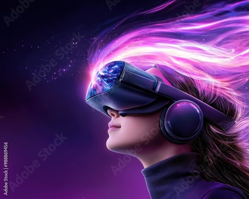 A futuristic woman experiencing virtual reality, with vibrant colors and dynamic energy showcasing innovation and technology.