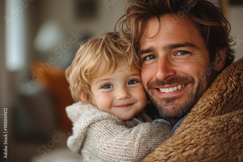 Joyful Bonding: Dad and Son Share Laughter and Cuddles on the Sofa in Their Cozy Living Room