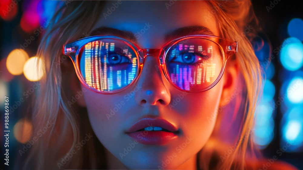 A close-up portrait of a woman with stylish reflective sunglasses, surrounded by vibrant neon lights, creating a captivating and modern atmosphere. A close-up portrait of a woman with stylish reflective sunglasses, surrounded by vibrant neon lights, creating a captivating and modern atmosphere.