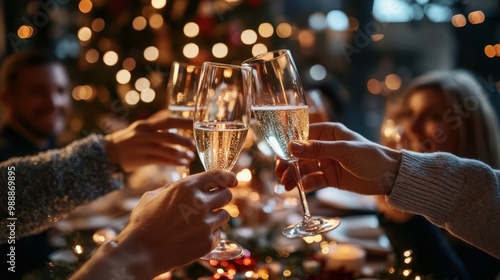 Image shows two hands holding glasses of red wine, clinking together in festive toast against backdrop of Christmas tree and warm, twinkling lights. Concept of winter holidays, fun, celebration, party photo