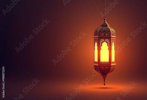 Ornamental Arabic lantern with burning candle glowing at night. Festive greeting card, invitation for Muslim holy month Ramadan Kareem.