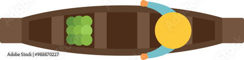 Top view of a farmer rowing a small wooden boat carrying crops, isolated on a white background
