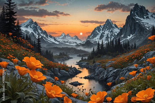 mountain scenery with beautiful orange flowers photo