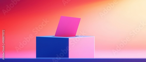 Colorful voting ballot box with a pink ballot, minimalistic abstract background