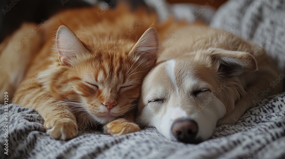 cute cat and dog cuddling and resting together indoors, highlighting their loving bond and cozy companionship in a peaceful and relaxing environment cute cat and dog cuddling and resting together indoors, highlighting their loving bond and cozy companionship in a peaceful and relaxing environment