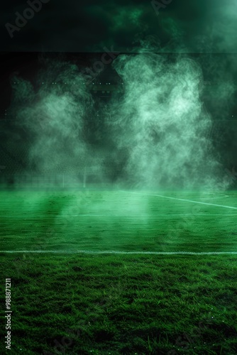 Dark green smoke field, light fog, stadium mist, green grass cloud, night soccer field, poison dust, floating sport, dirty transparent, sapphire hues,