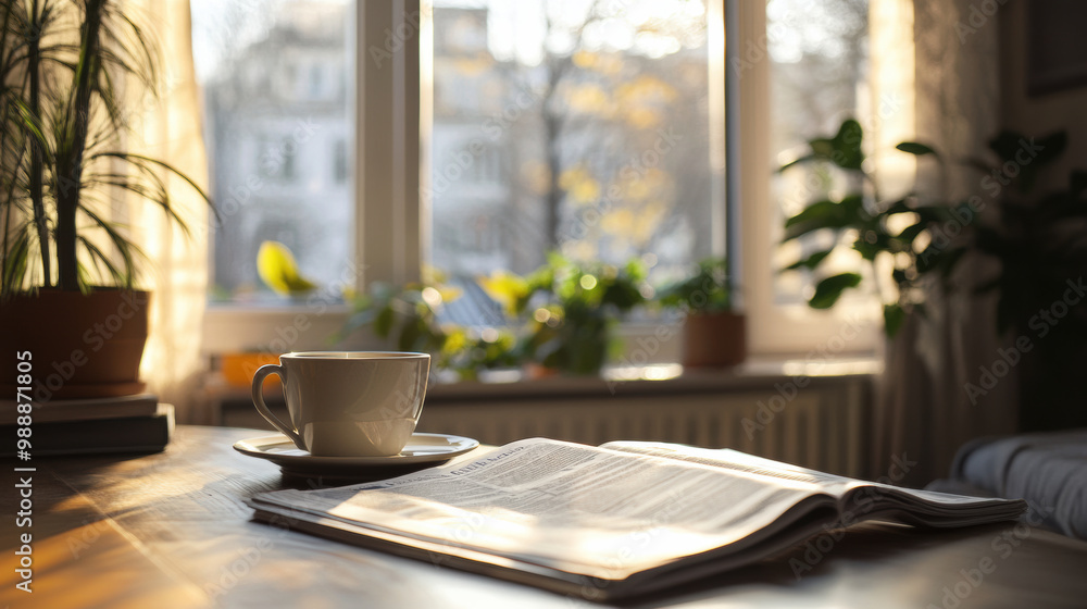 cozy Sunday morning scene with cup of coffee and newspaper on wooden table, surrounded by plants and sunlight streaming through window, creating warm atmosphere cozy Sunday morning scene with cup of coffee and newspaper on wooden table, surrounded by plants and sunlight streaming through window, creating warm atmosphere