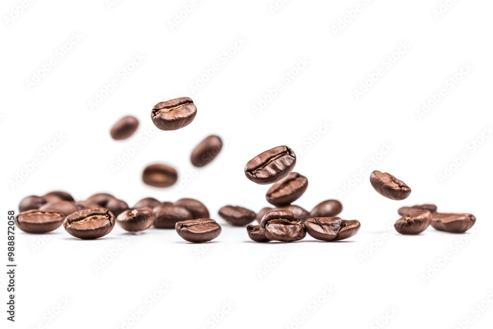 Group of coffee beans background falling white. Group of coffee beans background falling white.