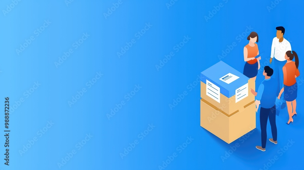 Group of people discussing around a cardboard box on a blue background. Group of people discussing around a cardboard box on a blue background.