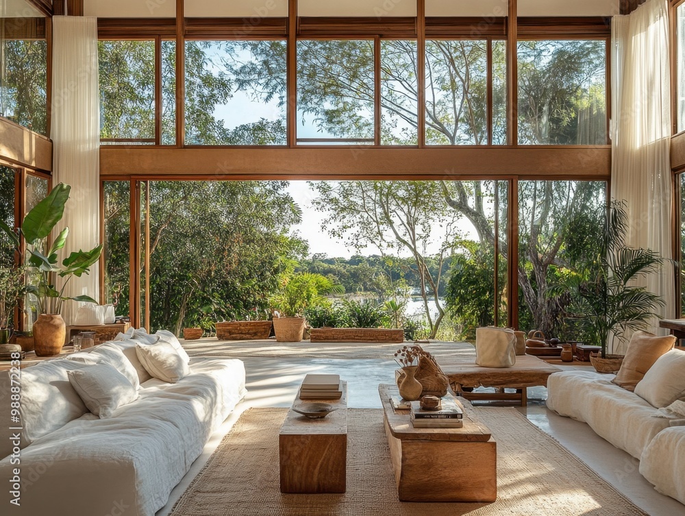 Obraz premium A large living room with a white couch and a white chair. There are two potted plants in the room