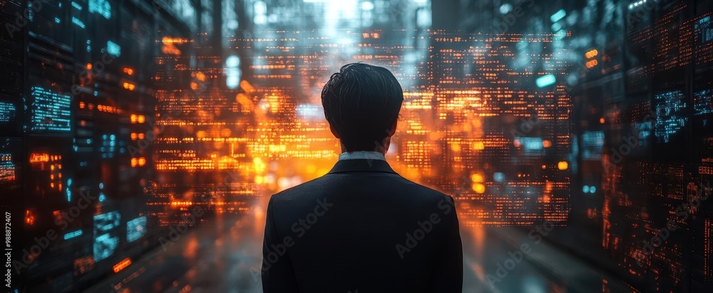 businessman interacting with futuristic holographic interface displaying global logistics network warehouse setting with advanced robotics and aidriven distribution systems visible businessman interacting with futuristic holographic interface displaying global logistics network warehouse setting with advanced robotics and aidriven distribution systems visible