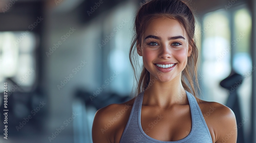 healthy young woman smiling at the gym with a fit body and sporty attitude in a fitness banner with copy space emphasizing workout motivation and active lifestyle healthy young woman smiling at the gym with a fit body and sporty attitude in a fitness banner with copy space emphasizing workout motivation and active lifestyle