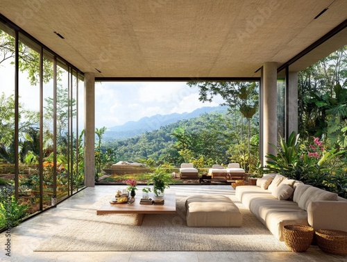 A living room with a large window overlooking a mountain. The room is furnished with a couch, a coffee table, and a few potted plants