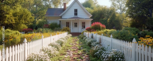 Charming Countryside Cottage with White Picket Fence and Lush Garden in Serene Setting