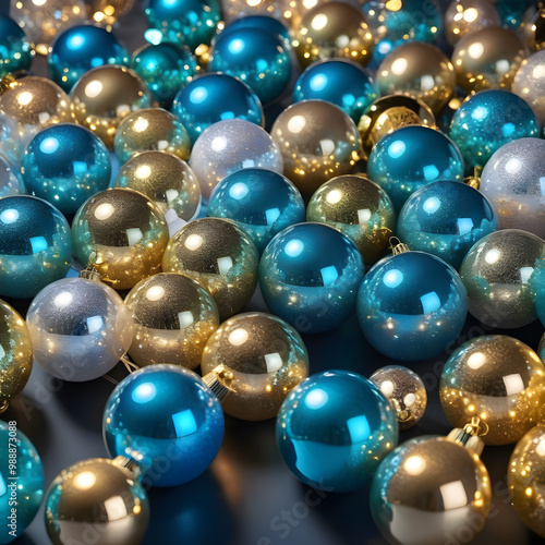 A garland of multiple clear glass balls with neon gold lights inside, set against a festive, blurred pastel blue background.