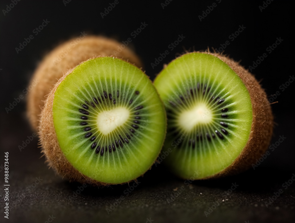 Due mezzi kiwi con polpa verde brillante e semi neri, disposti su una superficie scura che ne esalta i colori e la freschezza