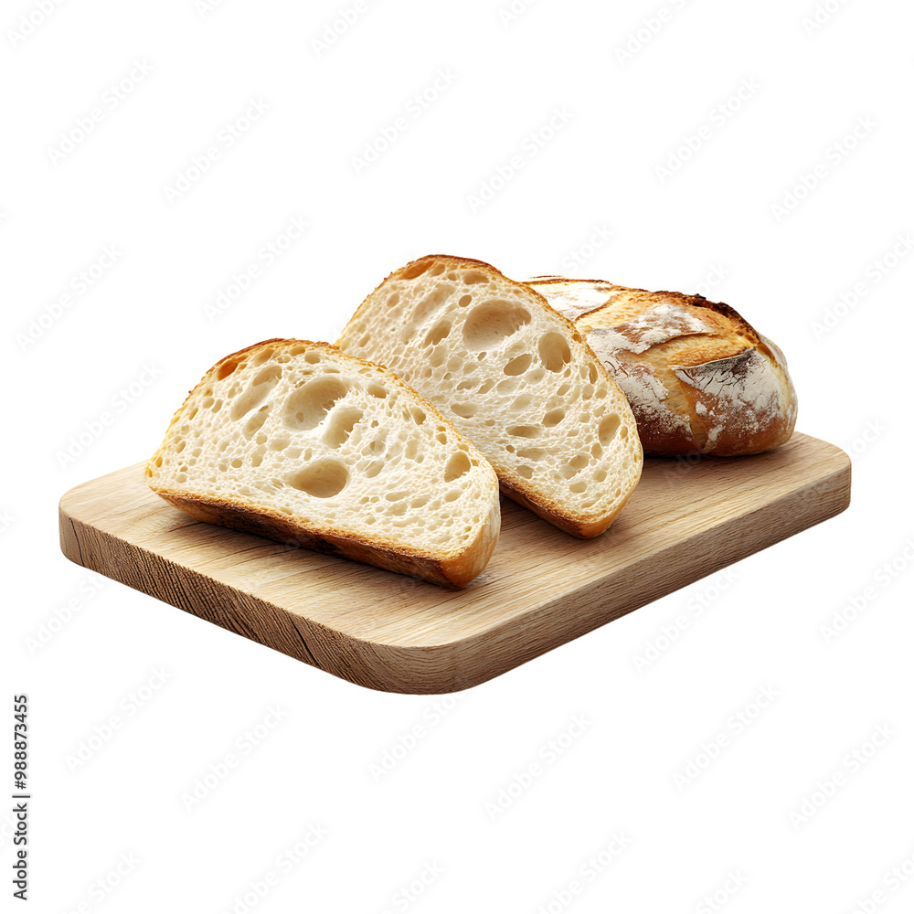 Rustic artisan sourdough bread slices on wooden cutting board against transparent background Rustic artisan sourdough bread slices on wooden cutting board against transparent background