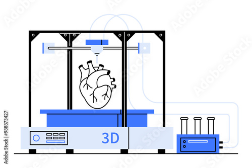 A 3D printer creating a human heart model with blue and black color accents. Ideal for medical advancements, technology, education, innovation, healthcare, and research. Minimalist vector style.