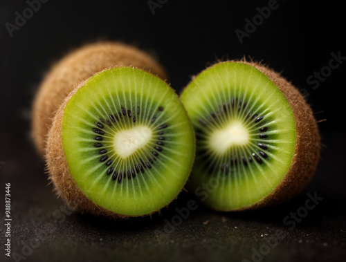 Obraz na płótnie Due mezzi kiwi con polpa verde brillante e semi neri, disposti su una superficie scura che ne esalta i colori e la freschezza w salonie