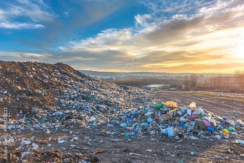 A large heap of discarded plastic waste in a landfill, illustrating pollution and environmental challenges, with the sunset in the background.