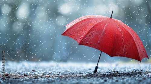 Red Umbrella in Rainstorm Symbolizing Protection and Risk Mitigation in Adverse Weather Conditions