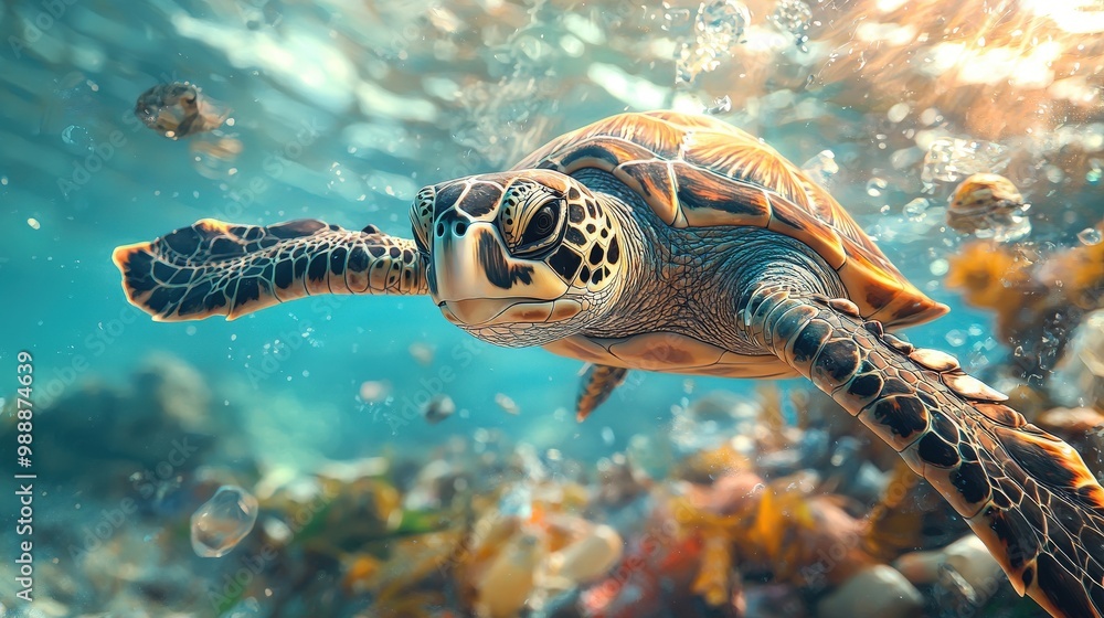 Fototapeta premium Sea Turtle Swimming in Ocean Surrounded by Plastic Waste