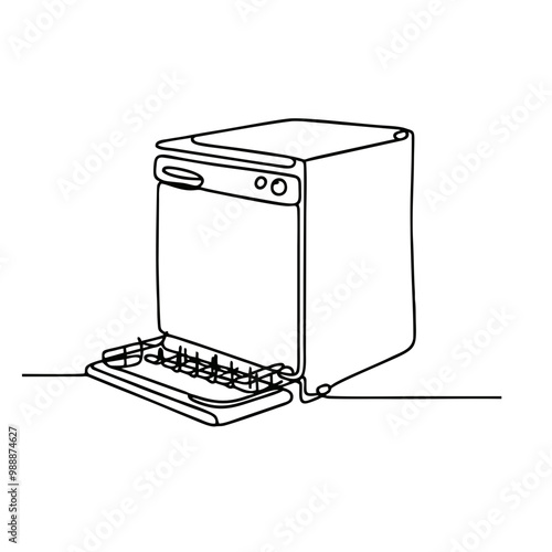 Dishwasher. Icon. Vector drawing. One line art. A simple drawing of a continuous line of a kitchen electric appliance. 
