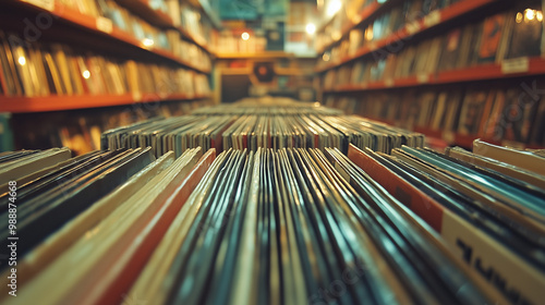 stack of music records on shelves in the store photo