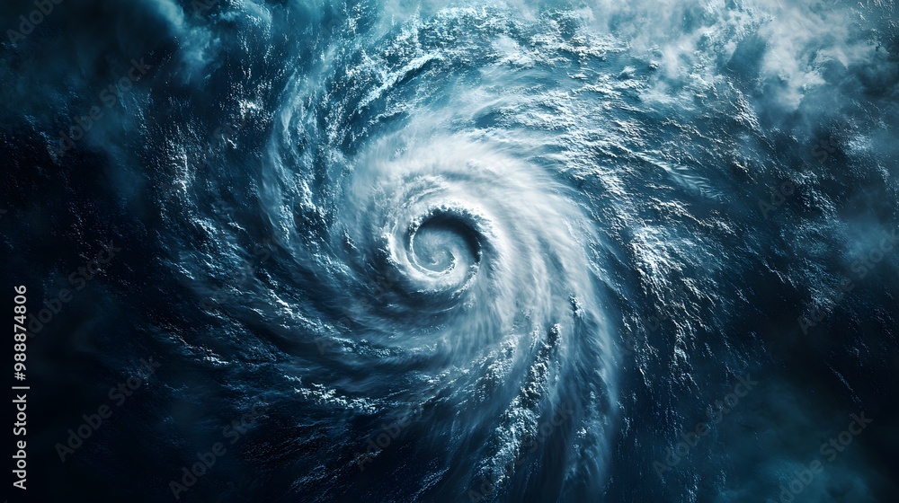Vivid hurricane image displaying a swirling white storm over the deep blue ocean, capturing the intense spiral structure and dynamic weather pattern from above. Vivid hurricane image displaying a swirling white storm over the deep blue ocean, capturing the intense spiral structure and dynamic weather pattern from above.