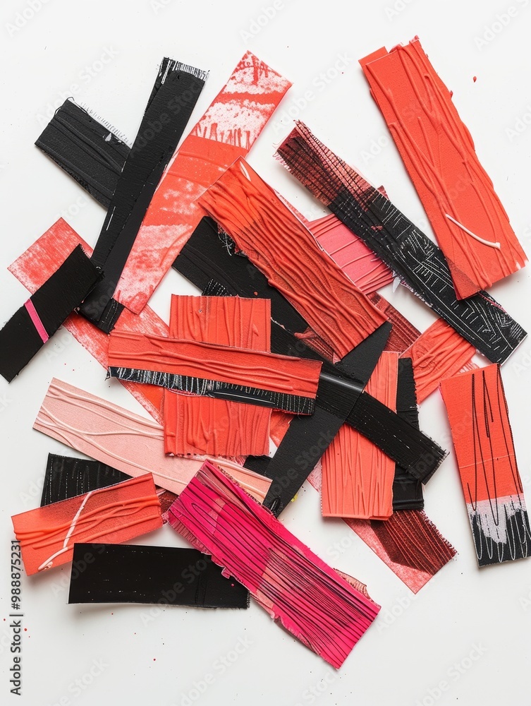 Fototapeta premium Abstract Collage Art with Vibrant Red, Black, and Pink Strips on White Background - Modern Mixed Media Artwork